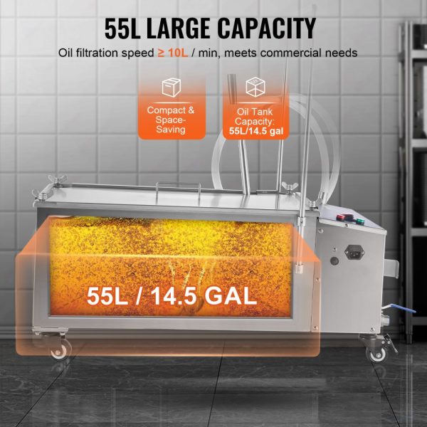 55L Mobile Fryer Oil Filter System with 10 L/min Filtration Speed and Swivel Wheels - Image 4