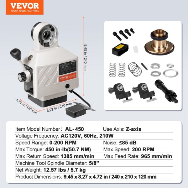 Z-Axis Power Feed for milling machine with 450 in-lb torque 0-200 RPM adjustable speed 120V table feed for knee-type mills 5/8 end shaft - Image 7