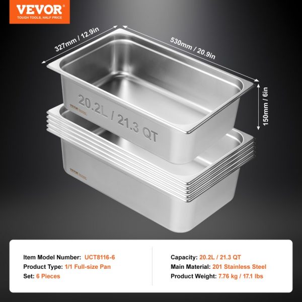 6-Pack Stainless Steel Anti-Jam Steam Table Pan 0.8mm Thick Commercial Catering Storage For Industrial Scientific Use - Image 7