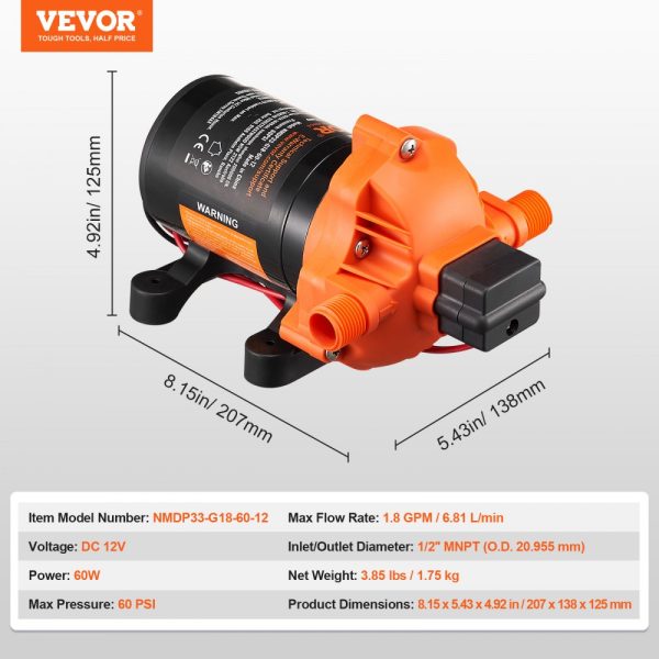 12V Diaphragm Pump 1.8GPM 6.81 L/min 3-Chamber Water Pump Pressure Switch - Image 7