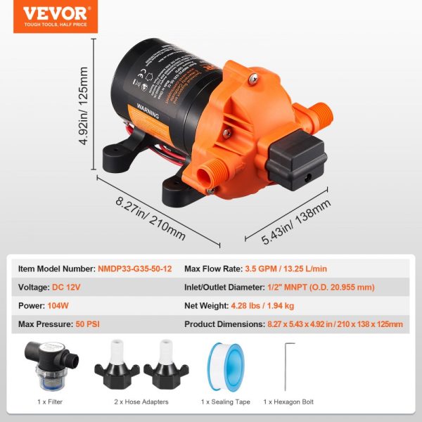 12V Diaphragm Pump 3.5GPM 13.25L/min 3-Chamber Water Pump Pressure Switch - Image 7