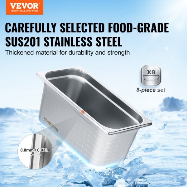 8-Piece Commercial Catering Food Storage Pan Set 1/3 Size Stainless Steel Anti-Jam Design with Lid 0.8mm Thick 6-Inch Deep - Image 2