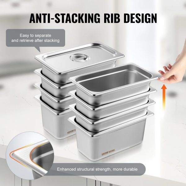 8-Piece Commercial Catering Food Storage Pan Set 1/3 Size Stainless Steel Anti-Jam Design with Lid 0.8mm Thick 6-Inch Deep - Image 4