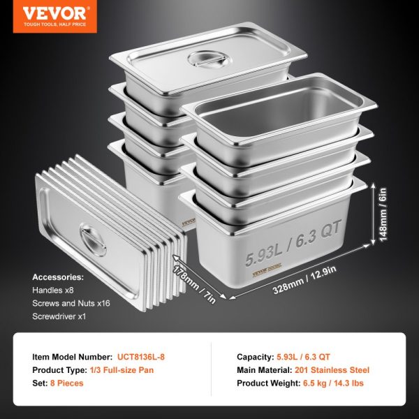 8-Piece Commercial Catering Food Storage Pan Set 1/3 Size Stainless Steel Anti-Jam Design with Lid 0.8mm Thick 6-Inch Deep - Image 7