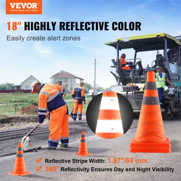 2-Pack 18-Inch Collapsible Safety Cones with Reflective Collars Wide Base and Storage Bag for Traffic Control Construction and Parking - Image 2