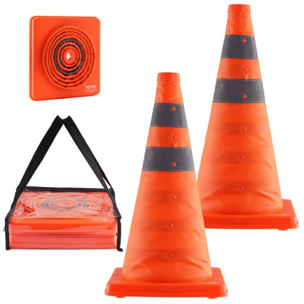 2-Pack 18-Inch Collapsible Safety Cones with Reflective Collars Wide Base and Storage Bag for Traffic Control Construction and Parking