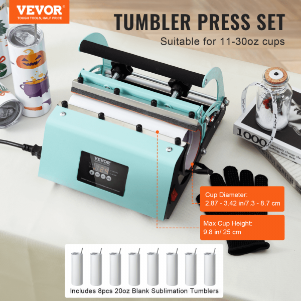 Heat Press Machine with Sublimation Tumblers, 8-Piece 20OZ Blank Tumblers Set, Mug Press for 11-30oz, Heat Transfer Paper, Gloves, Tape - Image 2