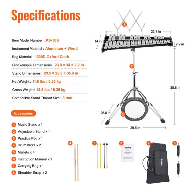30 Note Glockenspiel Xylophone Kit with Mallets Drum Sticks Music Stand 8 Practice Pad Adjustable Stand Carry Bag for Students Adults - Image 7