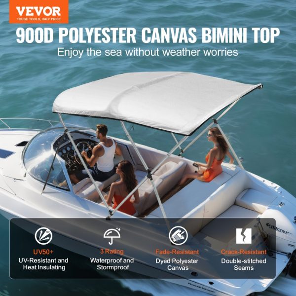 3 Pack Bow Bimini Top Boat Cover with 900D Polyester Canopy 1 Aluminum Alloy Frame Waterproof Sun Shade Storage Boot 4 Straps 2 Support Poles 6L x 46H x 61-66W Light Grey - Image 2