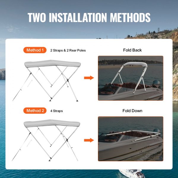3 Pack Bow Bimini Top Boat Cover with 900D Polyester Canopy 1 Aluminum Alloy Frame Waterproof Sun Shade Storage Boot 4 Straps 2 Support Poles 6L x 46H x 61-66W Light Grey - Image 3
