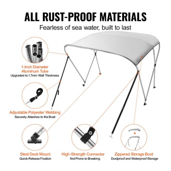 3 Pack Bow Bimini Top Boat Cover with 900D Polyester Canopy 1 Aluminum Alloy Frame Waterproof Sun Shade Storage Boot 4 Straps 2 Support Poles 6L x 46H x 61-66W Light Grey - Image 5