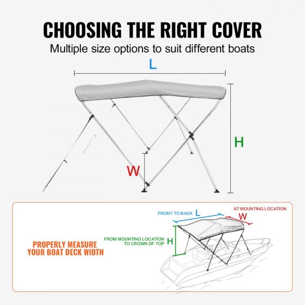 3 Pack Bow Bimini Top Boat Cover with 900D Polyester Canopy 1 Aluminum Alloy Frame Waterproof Sun Shade Storage Boot 4 Straps 2 Support Poles 6L x 46H x 61-66W Light Grey - Image 6