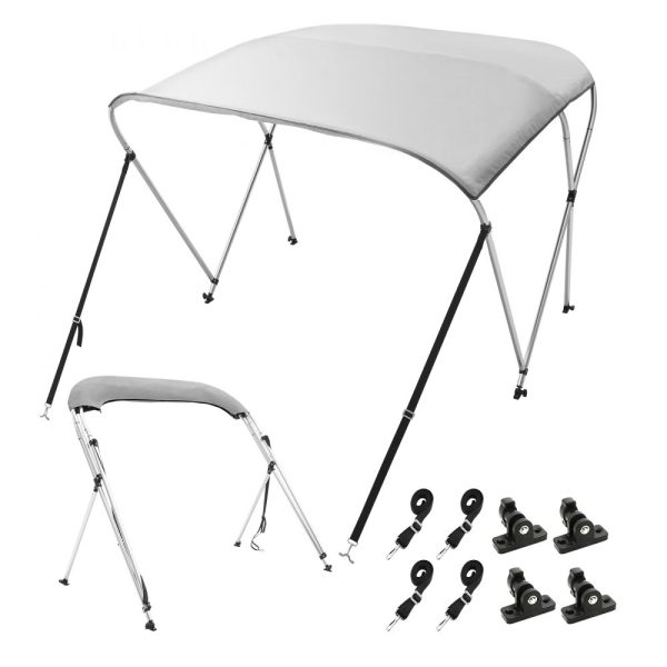 3 Pack Bow Bimini Top Boat Cover with 900D Polyester Canopy 1 Aluminum Alloy Frame Waterproof Sun Shade Storage Boot 4 Straps 2 Support Poles 6L x 46H x 61-66W Light Grey