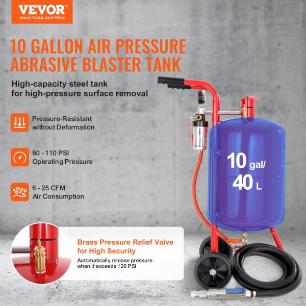10Gal/40L Sandblast Machine with Nozzle Shut-Off Valve Pressure Gauge Ceramic Nozzle Rubber Wheels Portable Sandblasting Equipment - Image 2