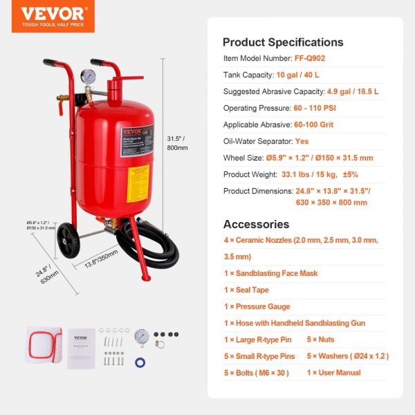 10Gal/40L Sandblast Machine with Nozzle Shut-Off Valve Pressure Gauge Ceramic Nozzle Rubber Wheels Portable Sandblasting Equipment - Image 7
