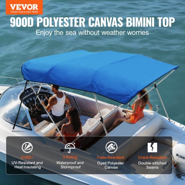 4 Bow Bimini Boat Cover 900D Polyester 1 Aluminum Alloy Frame Waterproof Sun Protection Storage Boot 4 Straps 2 Support Poles 8L x 54H x 91-96W Pacific Blue - Image 2