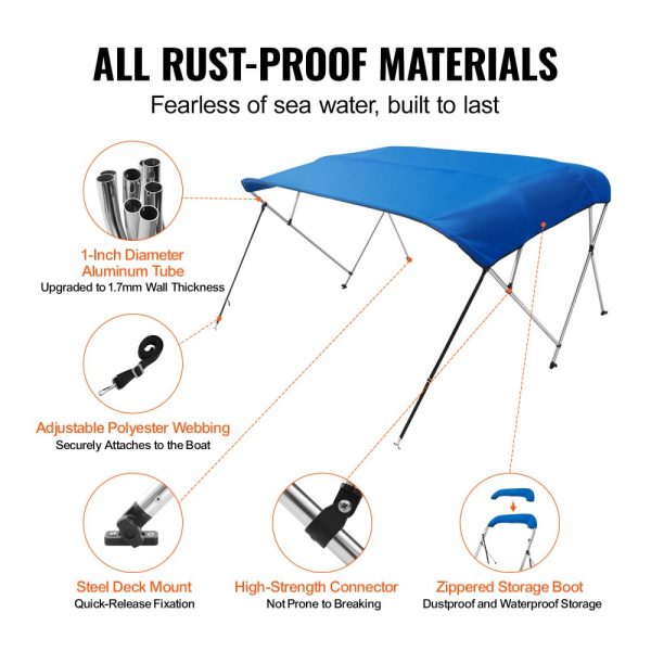 4 Bow Bimini Boat Cover 900D Polyester 1 Aluminum Alloy Frame Waterproof Sun Protection Storage Boot 4 Straps 2 Support Poles 8L x 54H x 91-96W Pacific Blue - Image 5