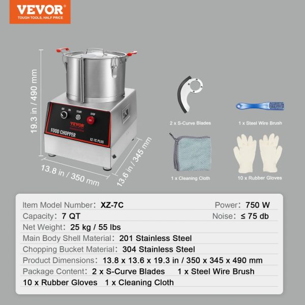 7 Quart Stainless Steel Food Processor 750W S-Curve Blades for Chopping Vegetables Meat Grains Nuts - Image 7