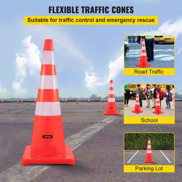 6-Pack Heavy Duty 36-inch PVC Traffic Cones for Roadway Parking Lot School Zone Safety with Reflective Bands Weighted Base - Image 2