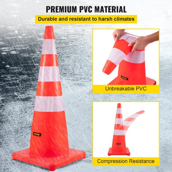 6-Pack Heavy Duty 36-inch PVC Traffic Cones for Roadway Parking Lot School Zone Safety with Reflective Bands Weighted Base - Image 3