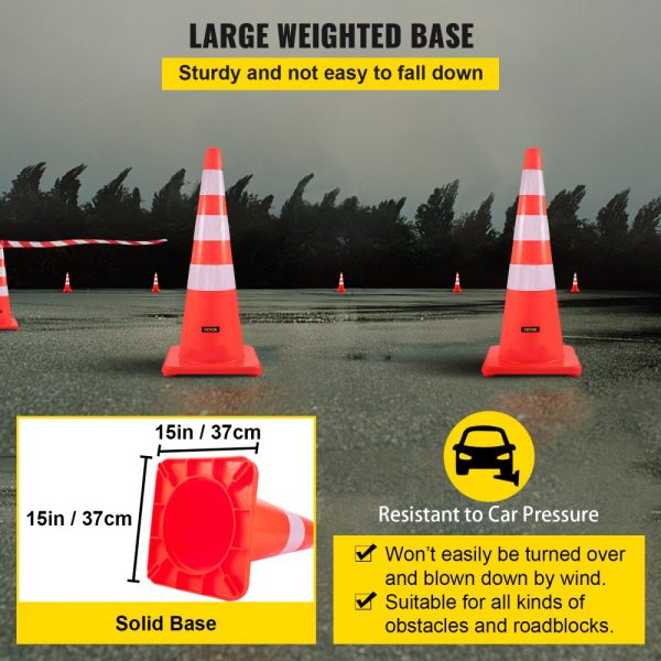 6-Pack Heavy Duty 36-inch PVC Traffic Cones for Roadway Parking Lot School Zone Safety with Reflective Bands Weighted Base - Image 5