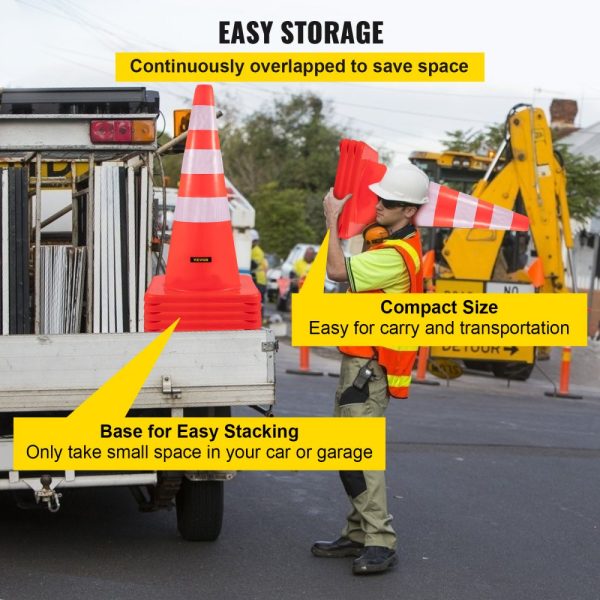 6-Pack Heavy Duty 36-inch PVC Traffic Cones for Roadway Parking Lot School Zone Safety with Reflective Bands Weighted Base - Image 6
