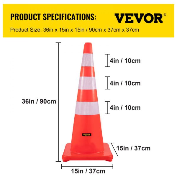 6-Pack Heavy Duty 36-inch PVC Traffic Cones for Roadway Parking Lot School Zone Safety with Reflective Bands Weighted Base - Image 7