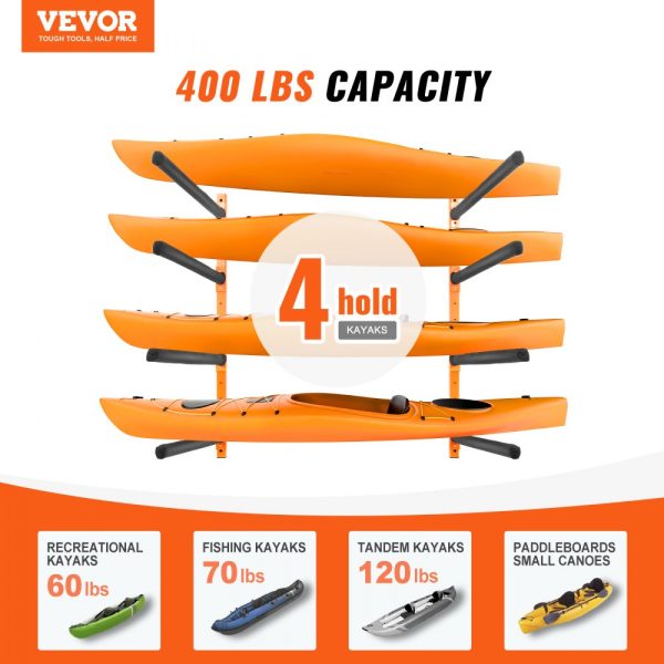 Wall Kayak Rack, 4-Paddle Board Storage with Adjustable Arms, 400 LBS Capacity, Indoor/Outdoor Use - Image 2