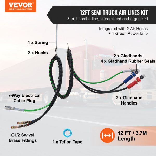 12FT Heavy Duty Semi Truck Air Line Kit with 2Pcs Air Couplers 3-in-1 Air Hose 7 Way ABS Electric Power Line 2Pcs Quick Coupler Handles 4Pcs Seals and Tender Spring Kit for Semi Trailer & Tractor - Image 2