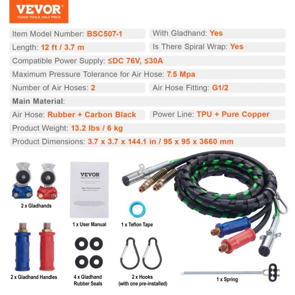 12FT Heavy Duty Semi Truck Air Line Kit with 2Pcs Air Couplers 3-in-1 Air Hose 7 Way ABS Electric Power Line 2Pcs Quick Coupler Handles 4Pcs Seals and Tender Spring Kit for Semi Trailer & Tractor - Image 7
