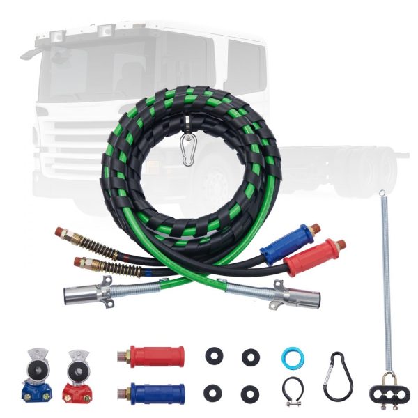 12FT Heavy Duty Semi Truck Air Line Kit with 2Pcs Air Couplers 3-in-1 Air Hose 7 Way ABS Electric Power Line 2Pcs Quick Coupler Handles 4Pcs Seals and Tender Spring Kit for Semi Trailer & Tractor