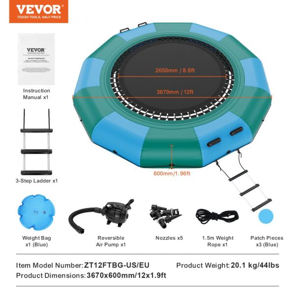 12ft Inflatable Water Trampoline Electric Pump Portable Bounce Platform 3-Step Ladder for Kids Adults Pool Lake Water Sports - Image 7