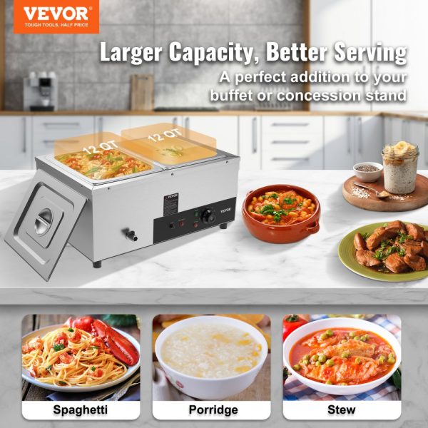 2 Pan Commercial Food Warmer 2 x 12QT Electric Steam Table 1500W Professional Countertop Stainless Steel Buffet Bain Marie 86-185°F Temp Control Catering Restaurants Silver - Image 2