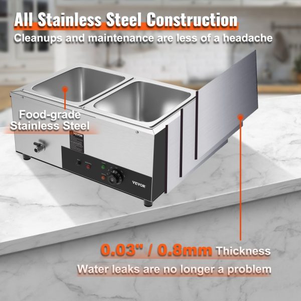 2 Pan Commercial Food Warmer 2 x 12QT Electric Steam Table 1500W Professional Countertop Stainless Steel Buffet Bain Marie 86-185°F Temp Control Catering Restaurants Silver - Image 5