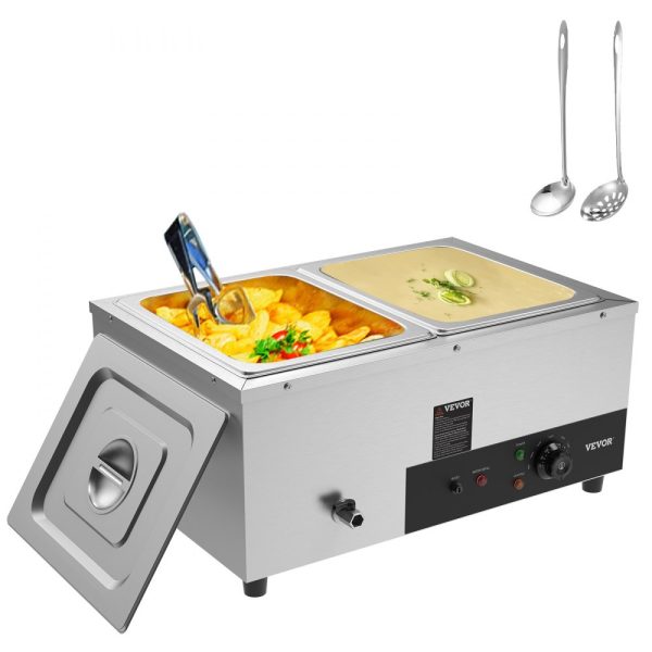 2 Pan Commercial Food Warmer 2 x 12QT Electric Steam Table 1500W Professional Countertop Stainless Steel Buffet Bain Marie 86-185°F Temp Control Catering Restaurants Silver