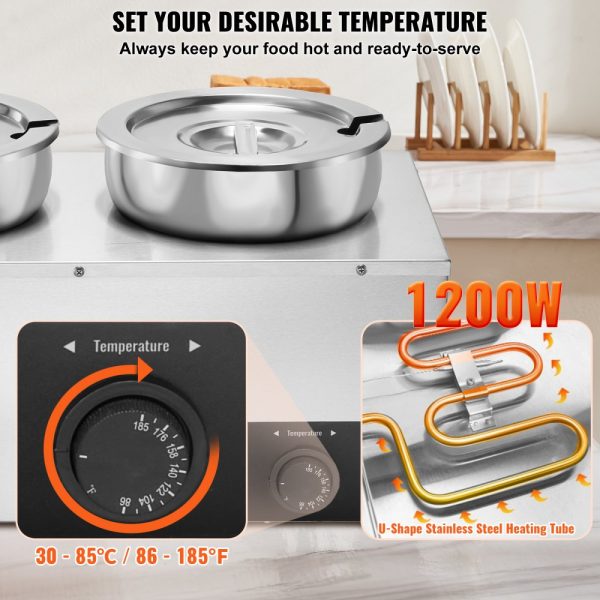 Electric Soup Warmer Dual 7.4QT Stainless Steel Round Pot Adjustable Temp 86-185°F 1200W Commercial Bain Marie Anti-Dry Burn Reset Button Soup Station Restaurant Buffet Silver - Image 3