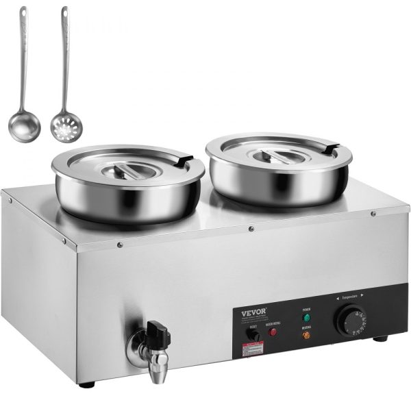 Electric Soup Warmer Dual 7.4QT Stainless Steel Round Pot Adjustable Temp 86-185°F 1200W Commercial Bain Marie Anti-Dry Burn Reset Button Soup Station Restaurant Buffet Silver
