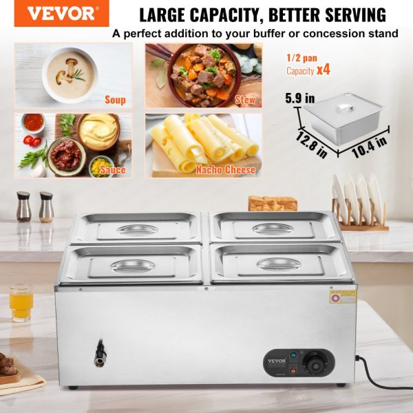 4 Pan Commercial Food Warmer 48 QT Capacity 1500W Electric Steam Stainless Steel Construction Temperature Control 86-185°F For Catering Restaurants Silver - Image 2