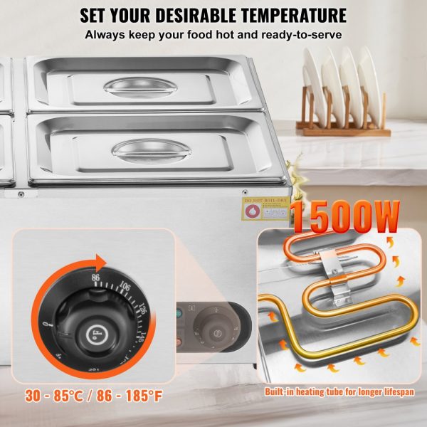 4 Pan Commercial Food Warmer 48 QT Capacity 1500W Electric Steam Stainless Steel Construction Temperature Control 86-185°F For Catering Restaurants Silver - Image 3