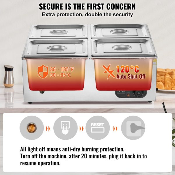 4 Pan Commercial Food Warmer 48 QT Capacity 1500W Electric Steam Stainless Steel Construction Temperature Control 86-185°F For Catering Restaurants Silver - Image 4