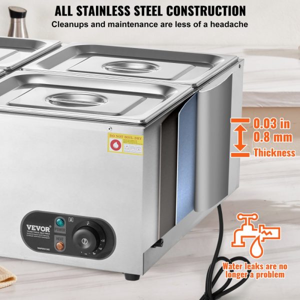 4 Pan Commercial Food Warmer 48 QT Capacity 1500W Electric Steam Stainless Steel Construction Temperature Control 86-185°F For Catering Restaurants Silver - Image 5