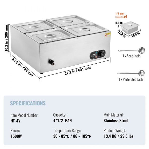 4 Pan Commercial Food Warmer 48 QT Capacity 1500W Electric Steam Stainless Steel Construction Temperature Control 86-185°F For Catering Restaurants Silver - Image 7