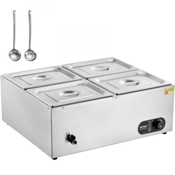 4 Pan Commercial Food Warmer 48 QT Capacity 1500W Electric Steam Stainless Steel Construction Temperature Control 86-185°F For Catering Restaurants Silver