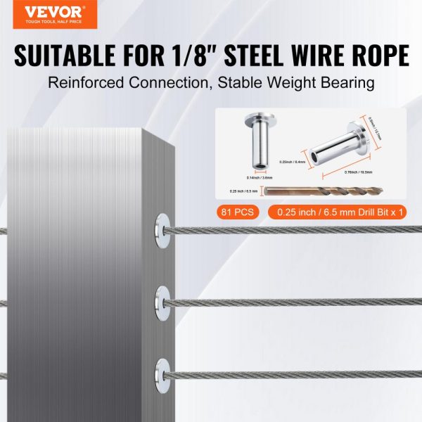 81-Pack T316 Stainless Steel Protector Sleeves for 1/8 Wire Rope Railing Free Drill Bit Included Silver - Image 2