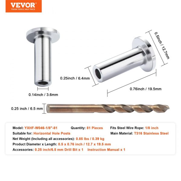 81-Pack T316 Stainless Steel Protector Sleeves for 1/8 Wire Rope Railing Free Drill Bit Included Silver - Image 7