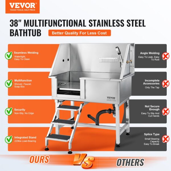 38 Pet Dog Bathing Station with Ramp, Stainless Steel Dog Grooming Tub with Storage Drawer, Floor Grate, Faucet, Dog Bathtub for Large Medium Small Pets, Home Washing Sink - Image 2