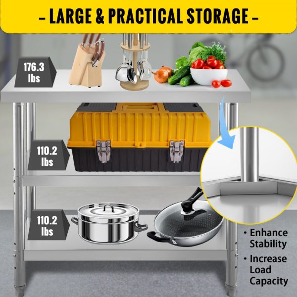 Heavy Duty Stainless Steel Prep Table 48x18x33in Adjustable Undershelf for Commercial Kitchen Home Garage and Warehouse Silver - Image 3