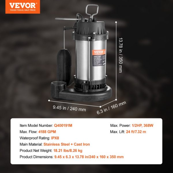 Submersible Sewage Pump Water Pump 0.5HP 4188GPH 24 ft Lift for Basement - Image 7
