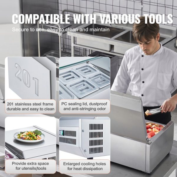 Refrigerated Condiment Preparation Station 160W Countertop Design with 5 x 1/3 Pans and 4 x 1/6 Pans Stainless Steel Construction PC Lid Perfect for Sandwich Prep ETL Certified - Image 6