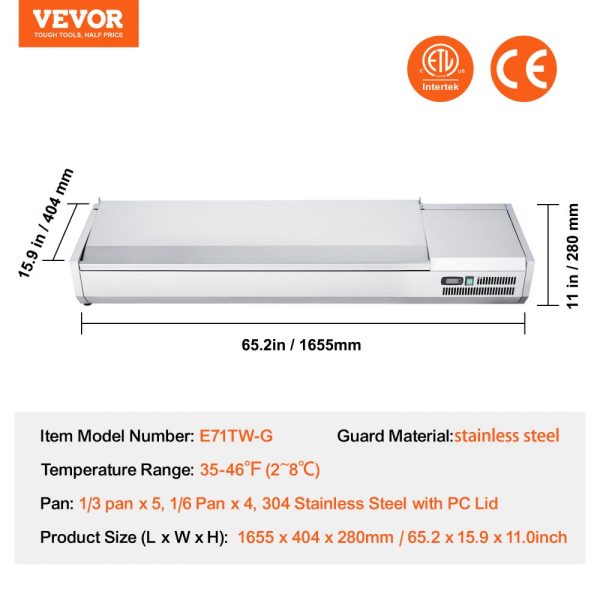 Refrigerated Condiment Preparation Station 160W Countertop Design with 5 x 1/3 Pans and 4 x 1/6 Pans Stainless Steel Construction PC Lid Perfect for Sandwich Prep ETL Certified - Image 7